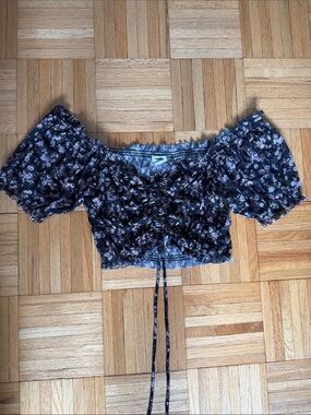 Garage Black Floral Off-Shoulder Drawstring Crop Top